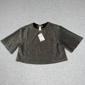 NWT H&M Womens XS Metallic Glittery Cropped Top Black Short Sleeve Sparkle